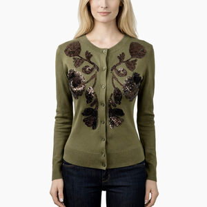 J. Crew Sequin Floral Embroidered Jackie Cardigan Olive Green Crop Size XXS